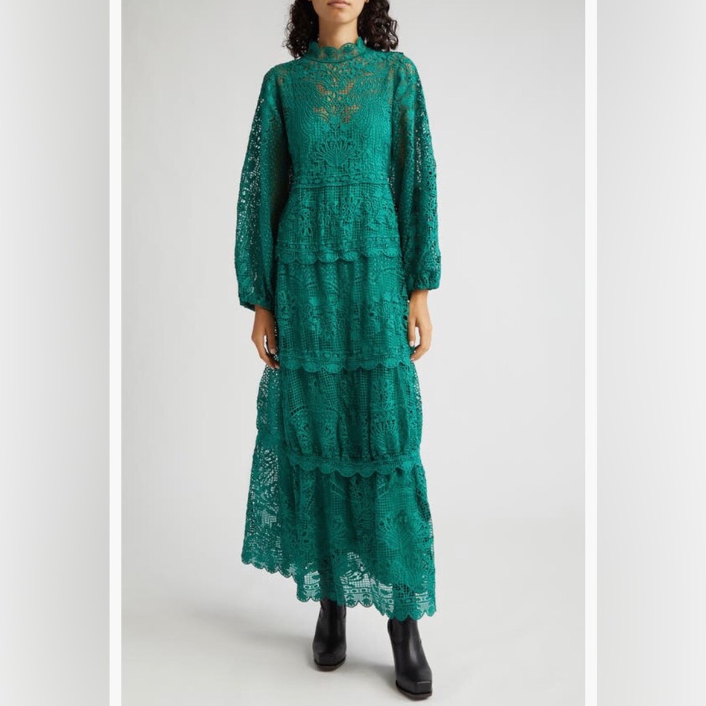 NWT $360 FARM Rio Long Sleeve Guipure Lace Maxi Dress in GREEN - size S and L!